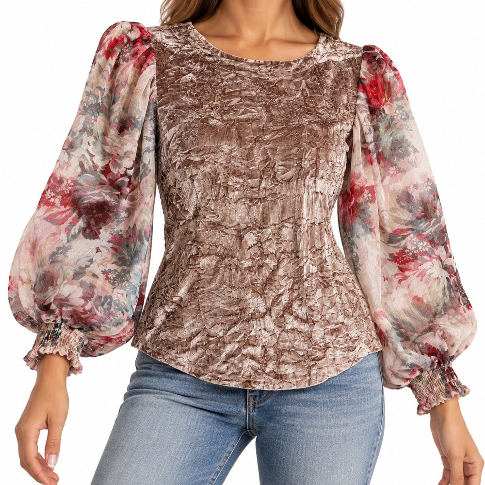 Meadow Rue Anthropologie Velvet Floral Sweatshirt Top Large Feminine Romantic